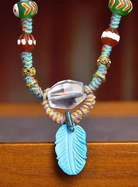 纯手工编织绳项链可调节松石叶子吊坠一线天珠琉璃配饰简约毛衣链