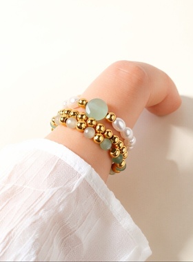 3件套欧美海滩风复古红玛瑙天然石戒指女个性叠戴仿珍珠弹力戒指