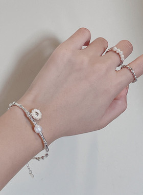 韩版S925纯银手工竹节款心形珍珠手链项链韩国风INS风首饰品