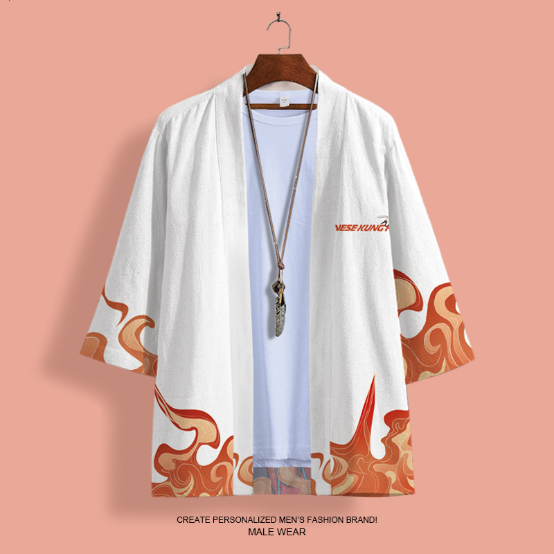 中国风kimono道袍男夏季薄款五分袖开衫国潮熊猫印花羽织披风外套-图0