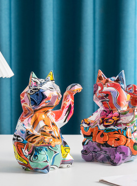 跨境新品几何招财猫创意家居客厅玄关桌面乔迁树脂工艺品装饰摆件