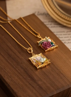 复古宫廷油画风天然珍珠紫色花朵万能扣吊坠项链轻奢温柔独特女链