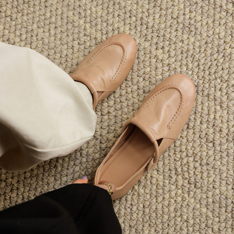 头层植鞣牛皮乐福鞋女 2.5cm 低跟浅米色隐形内增高通勤百搭单鞋,淘宝优惠券,粉丝福利购,淘宝优惠卷