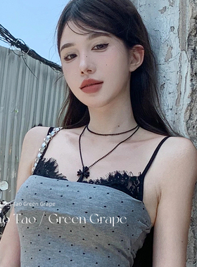 双层叠戴项链黑色串珠十字架