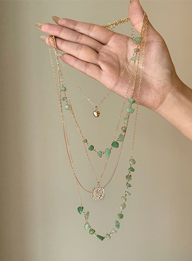 vintager中古绿色天然石串珠项链女复古民族风长款叠戴锁骨链配饰