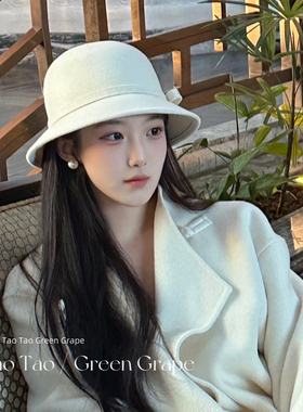 留洋千金法式赫本风白色圆顶礼帽女2026新款秋冬渔夫帽蝴蝶结帽子