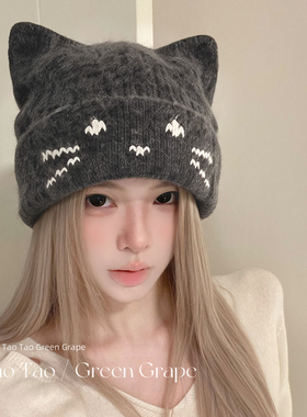 可爱灰色猫耳朵针织毛线帽女秋冬季大头围显脸小2026新款小猫帽子