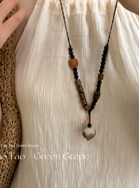 新中式国风木质白玉菩提吊坠项链女复古长款民族风编绳毛衣链配饰