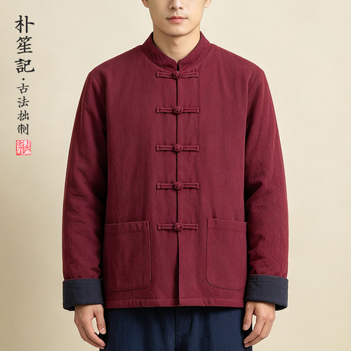 朴笙记唐装外套复古加绒中国风青年居士禅修服男宽松大码保暖上衣 - 图0