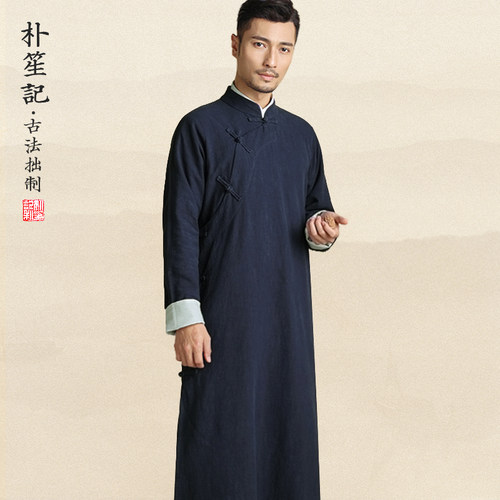 原创亚麻长衫男士民国长袍马褂国风春秋唐装斜襟汉服中式复古大褂 - 图1