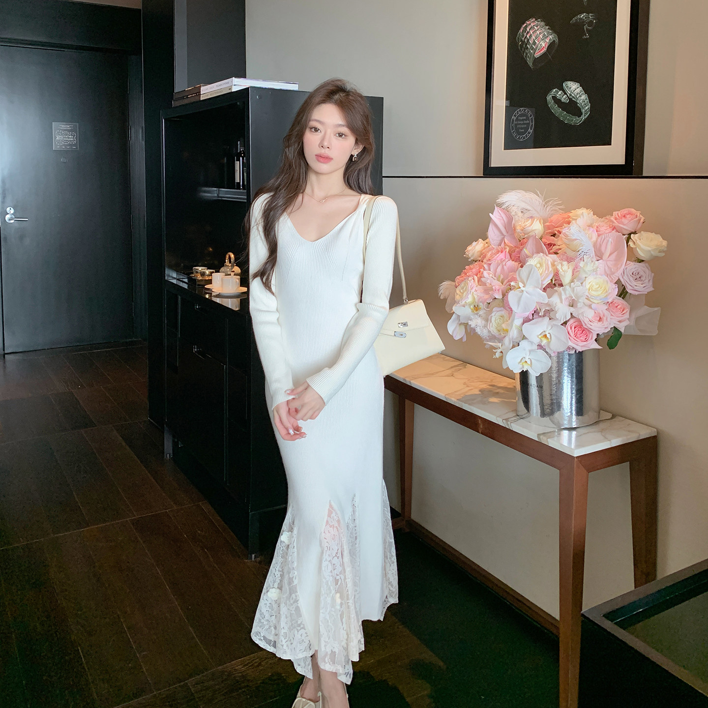 ByYou2026春季v领长袖拼接蕾丝白色兔绒针织连衣裙长款内搭毛衣裙,淘宝优惠券,粉丝福利购,淘宝优惠卷