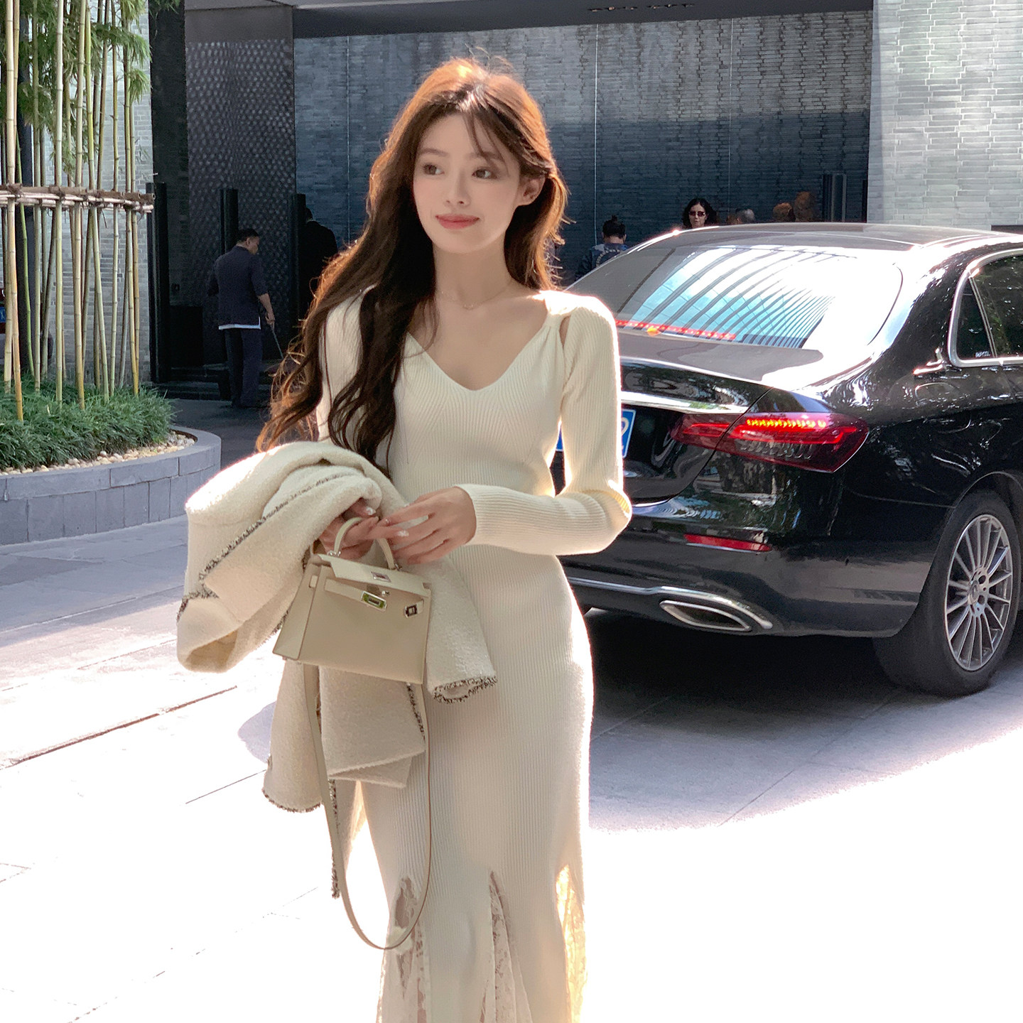 ByYou2026春季v领长袖拼接蕾丝白色兔绒针织连衣裙长款内搭毛衣裙,淘宝优惠券,粉丝福利购,淘宝优惠卷