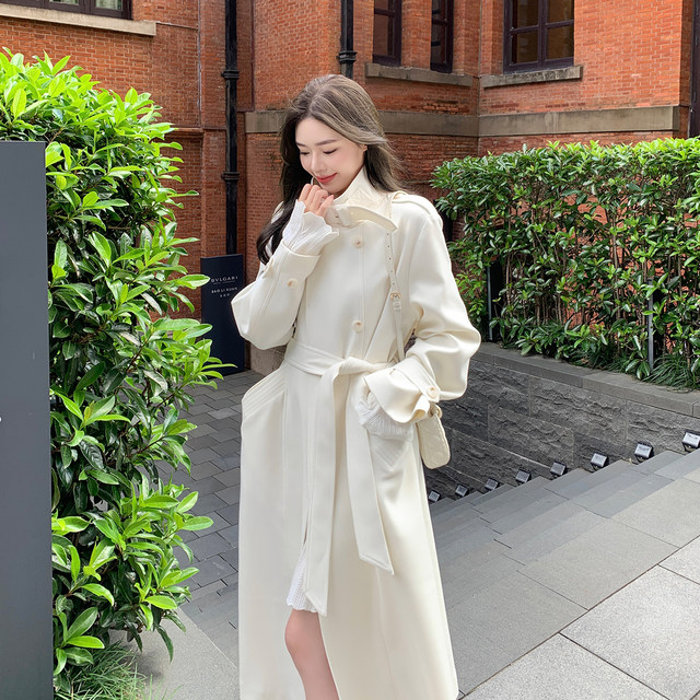 ByYou new winter style temperament stand collar white wool woolen coat women's mid-length double-breasted woolen coat