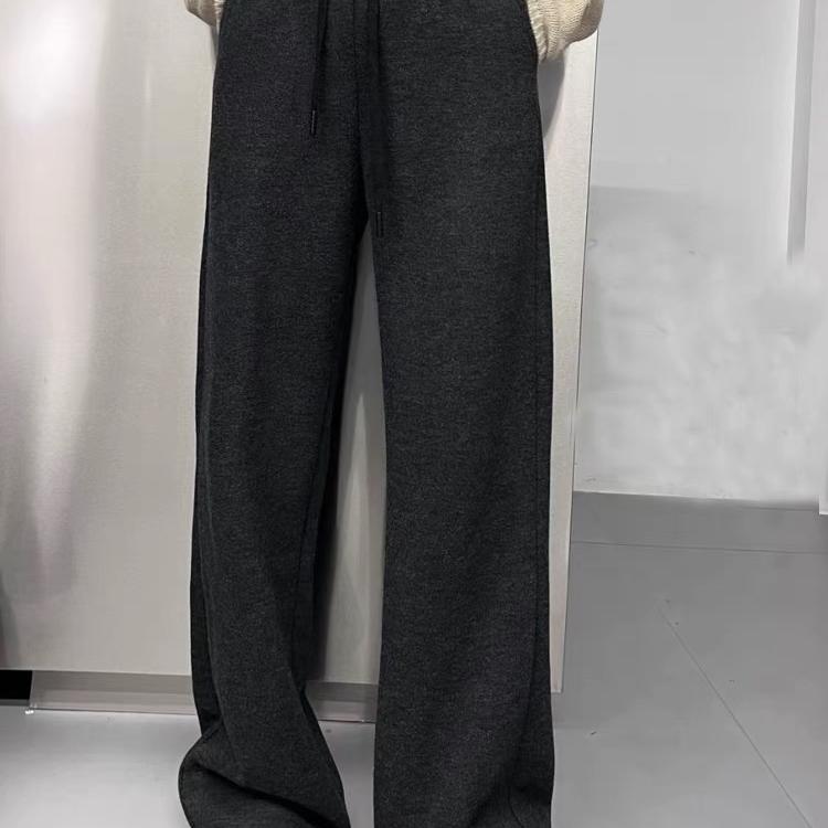 欧货抽绳高腰羊绒阔腿裤女2025秋冬宽松显瘦加厚米色直筒拖地长裤 - 图0