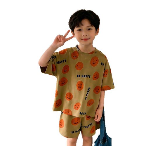 童套装2026夏款男女童宽松休闲韩版笑脸印花兄妹装短袖短裤套装 - 图3