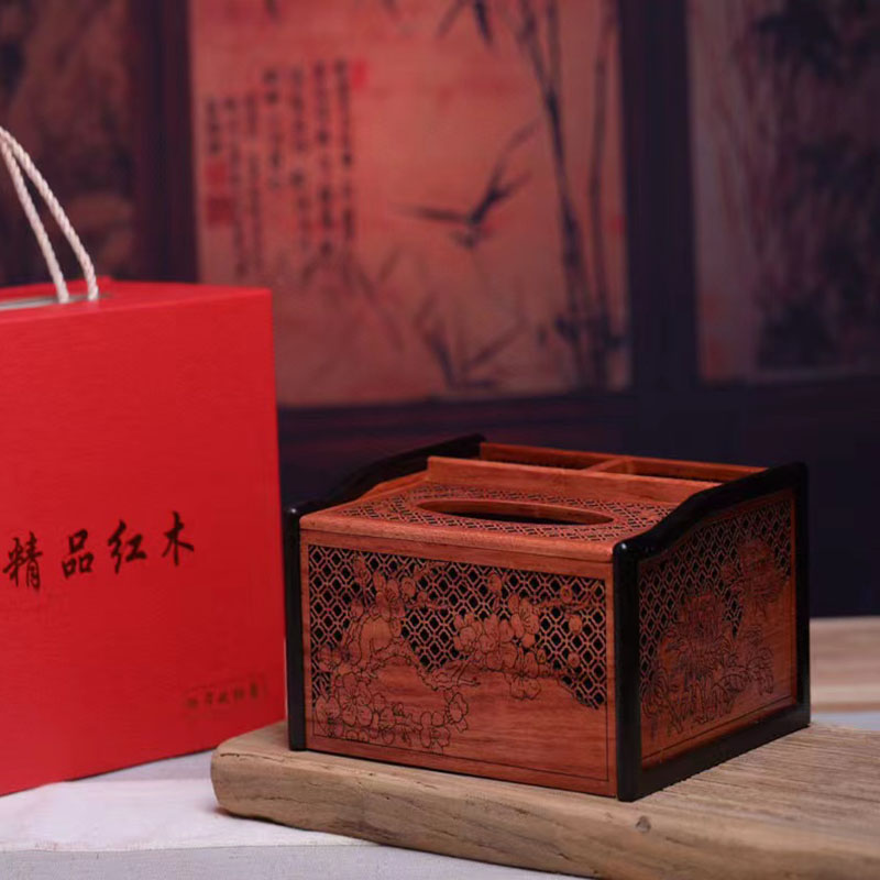 紫光檀嵌缅花遥控器纸巾收纳盒红木多功能创意客厅家用实木抽纸盒 - 图3