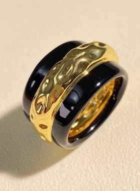 欧美风个性锤纹珐琅釉撞色戒指