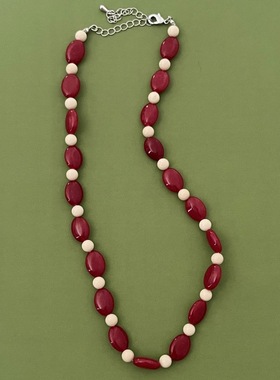 日韩ins小众设计夏季清新红色天然石串珠项链时尚气质新年锁骨链