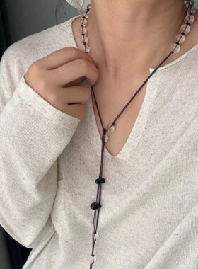 新中式编织绳流苏透明撞色珠长项链女水晶叠戴高级感长款设计百搭