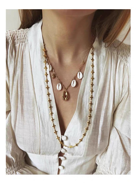 elisetsik*s同款重工金色十字架项链轻奢欧美小众百搭长款毛衣链