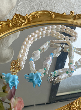 蓝色小象吊坠项链女天然珍珠串珠锁骨链小众高级感气质百搭锁骨链