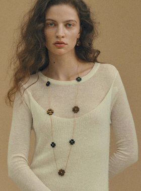 复古法式马总同款虎眼石立体花朵长款项链女气质百搭锁骨叠搭链