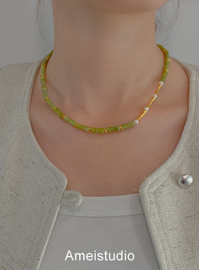 项链新款2025爆款配饰女天然淡水珍珠橄榄绿色玉石竹节串珠颈链