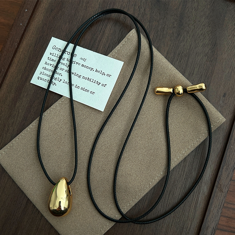 保色可调节小众颈链极简冷淡风银色光面水滴项链黑绳度假风毛衣链