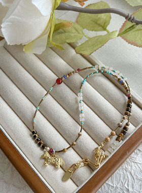 小众设计感美拉德金色小马吊坠玛瑙虎眼石天然石波西米亚风项链女