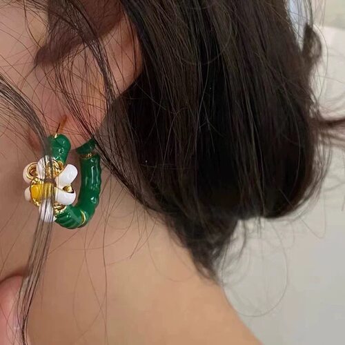 法式复古小众设计感BV三色珐琅缠绕花朵耳环个性时髦高级感耳饰女 - 图0