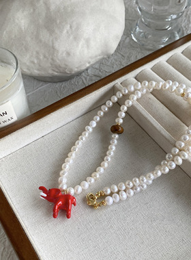 天然珍珠小象多色项链简约时尚韩风虎眼石滴釉珐琅彩新年红色项链