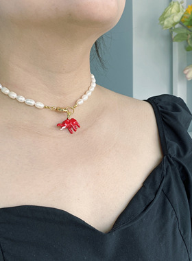 红色小象吊坠项链女天然珍珠串珠锁骨链小众气质百搭锁骨链本命年