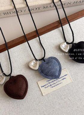 布艺爱心银色吊坠项链女长款挂脖毛衣链轻奢高级感简约百搭配饰品