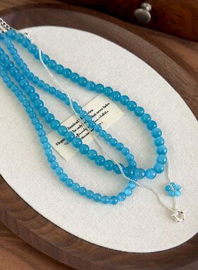 夏日清透感蓝色猫眼石花朵叠戴项链小众清新百搭气质锁骨链配饰女