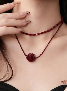 复古法式红色玫瑰花双层叠戴项链女小众设计感choker颈链锁骨链潮