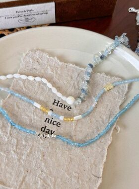 2024新款沙滩风蓝色天然石贝壳串珠锁骨链小众短款水晶项链小清新