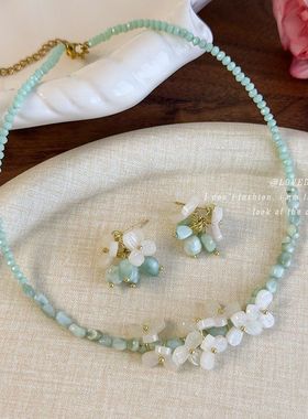 春夏清新曼波色调薄荷香草项链法式清冷感串珠耳钉耳饰锁骨链饰品