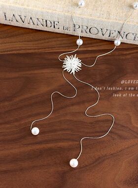 韩系银色烟花珍珠流苏项链女轻奢高级感长款颈链可抽拉毛衣链配饰