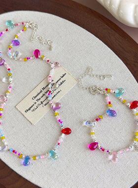 彩色多巴胺玻璃珠项链手链碎银子清透水滴短款颈链贴颈式锁骨链