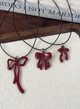 红色蝴蝶结黑色蜡绳毛衣项链女轻奢高级感小众卫衣链秋冬气质配饰