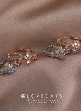 新款设计轻奢珍珠锆石戒指女小众ins风贝壳花朵指环开口食指戒指