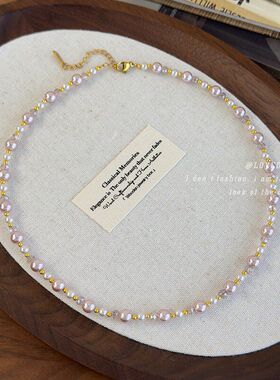 简约百搭甜美气质拍照出片配饰粉色大小仿珍珠金珠水晶串珠项链女