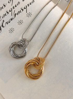 金色银色多层缠绕圆环吊坠长款项链秋冬新品百搭毛衣链衣服搭配饰