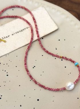 小众法式浪漫气质锁骨颈链红色石头珍珠串珠项链颈链春夏百搭配饰