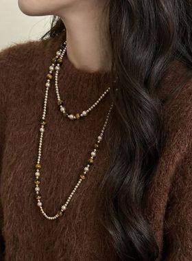 秋冬美拉德虎眼石珍珠串珠项链女轻奢小众设计感叠戴毛衣链配饰品