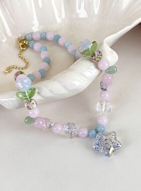 ins仙气甜美少女花朵串珠项链温柔韩系百搭琉璃花朵五角星锁骨链