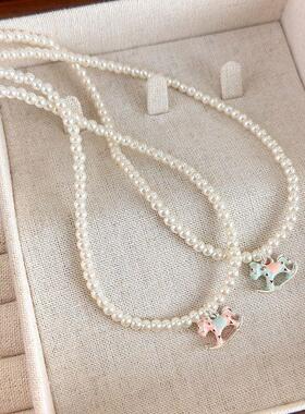 可爱彩色滴釉木马吊坠珍珠项链女高级感轻奢精致时尚气质锁骨链潮