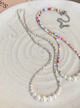 彩色串珠米珠碎银子形状珍珠项链夏季新款锁骨链设计感颈链配饰女