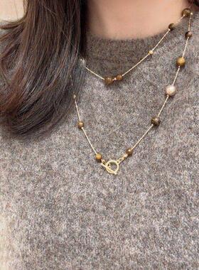 虎眼石圆形珍珠叠戴项链复古秋冬高级感高档精致毛衣链女轻奢配饰