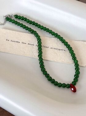 网红同款中式复古绿色串珠项链红色雨滴choker国潮显白锁骨链配饰